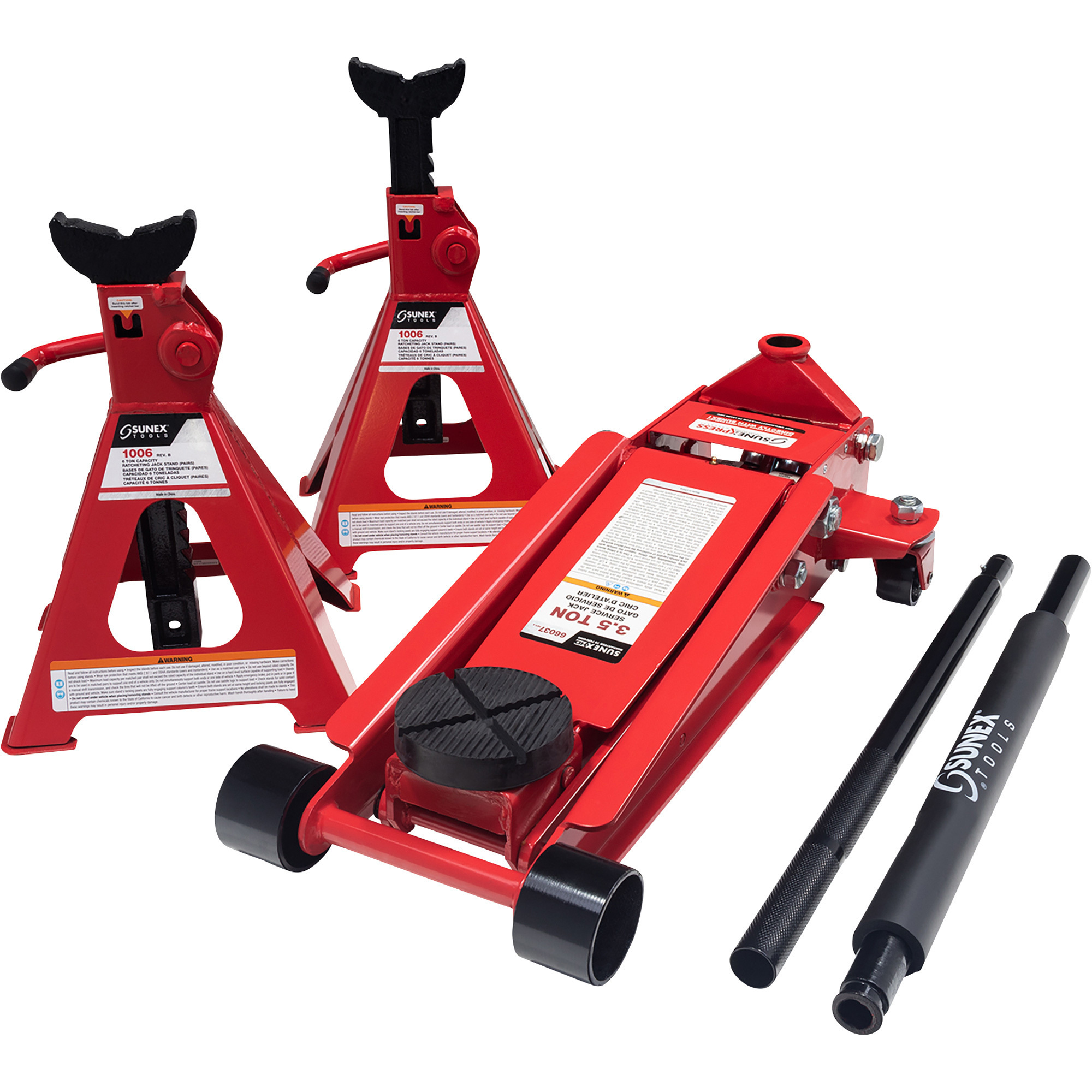 Sunex Heavy-Duty Service Floor Jack, 3.5-Ton Capacity, Includes Pair of Jack Stands, Model# 66037jpk